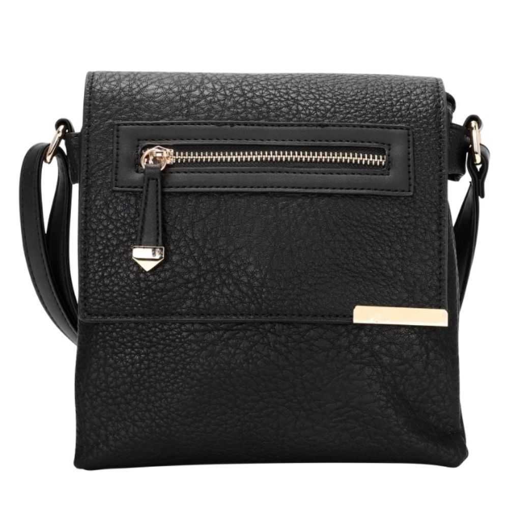 🆕️👜La Terre Vegan Leather Crossbody Bag W Zip Pocket Flap & Metal Trim, Black